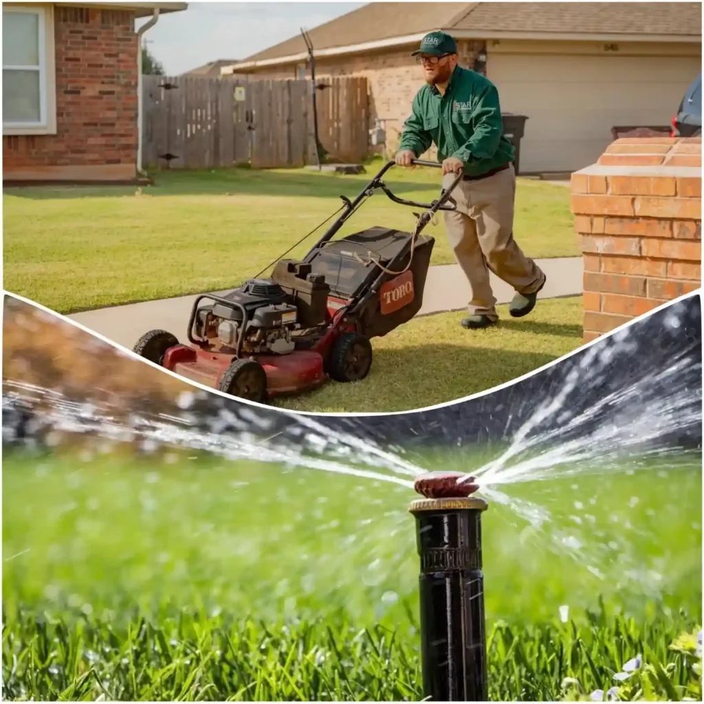 Lawn mowing and irrigation sprinkler watering healthy residential grass