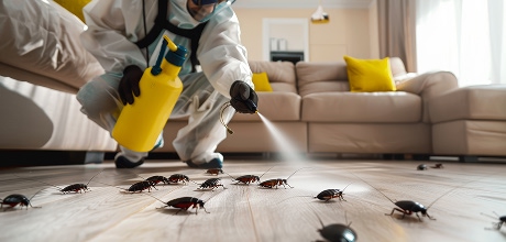 LawnSpark pest control technician spraying insecticide to eliminate cockroaches and indoor pests in home living room