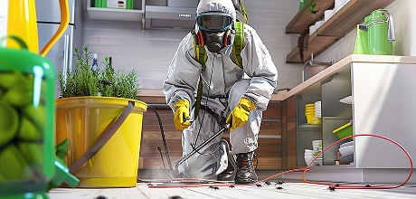 LawnSpark pest control technician spraying kitchen floor for cockroach and indoor pest control treatment services