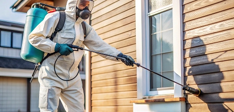 LawnSpark pest control technician spraying house exterior near window for insect and termite prevention service