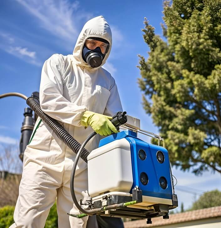 LawnSpark pest control technician spraying lawn treatment and insect control service in protective suit