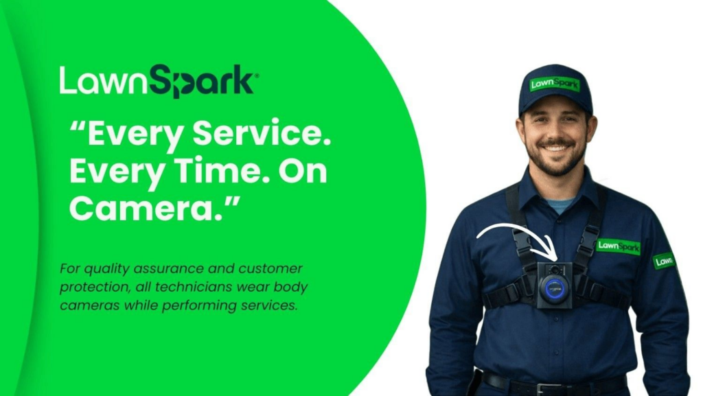 Why choose LawnSpark professional lawn care and pest control services illustration with healthy green lawn and landscaping