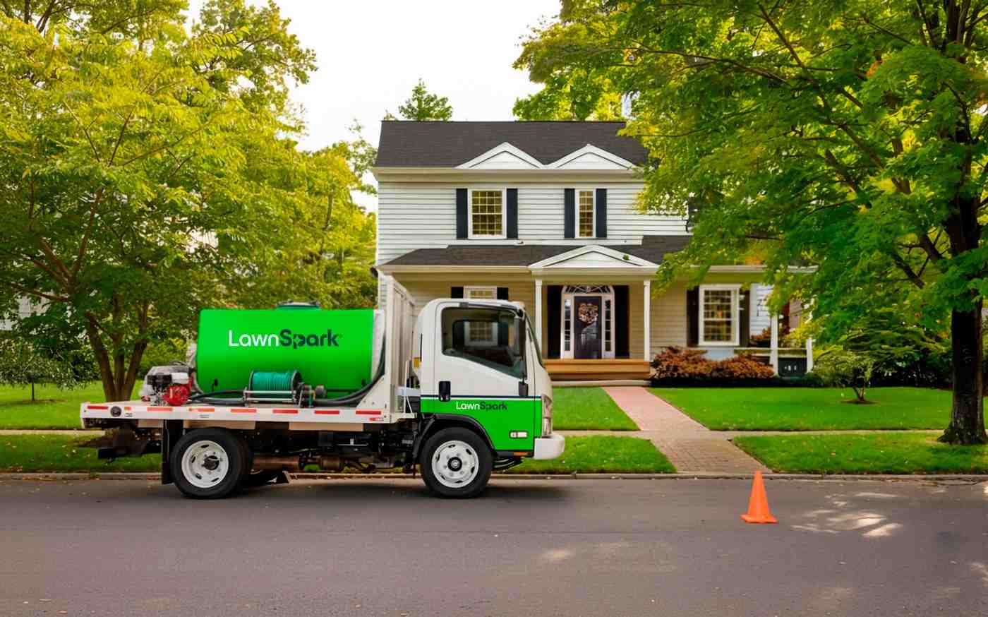 Professional lawn weed control and fertilization treatment for healthy green lawn and weed free grass