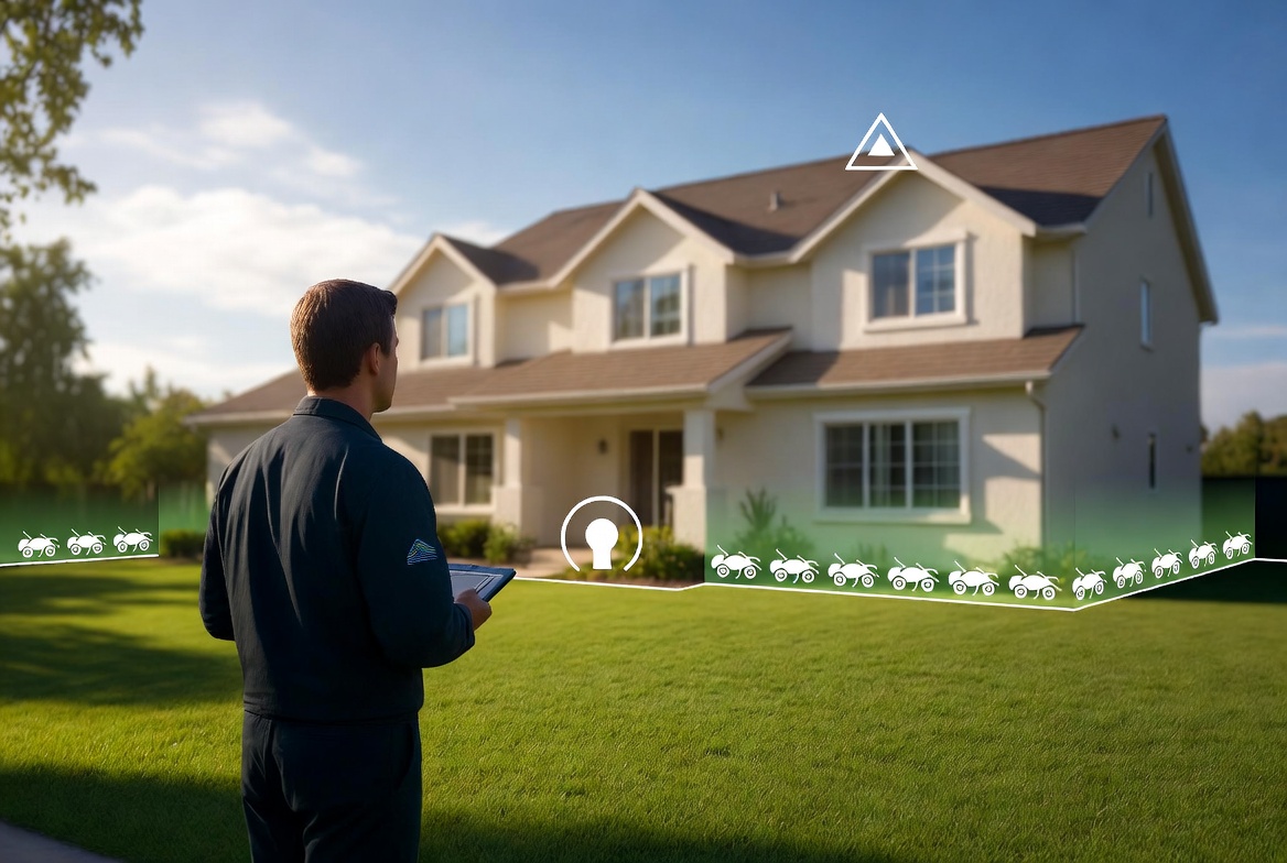 Pest control professional inspecting home exterior and lawn to plan perimeter treatment and prevent pests from entering the property