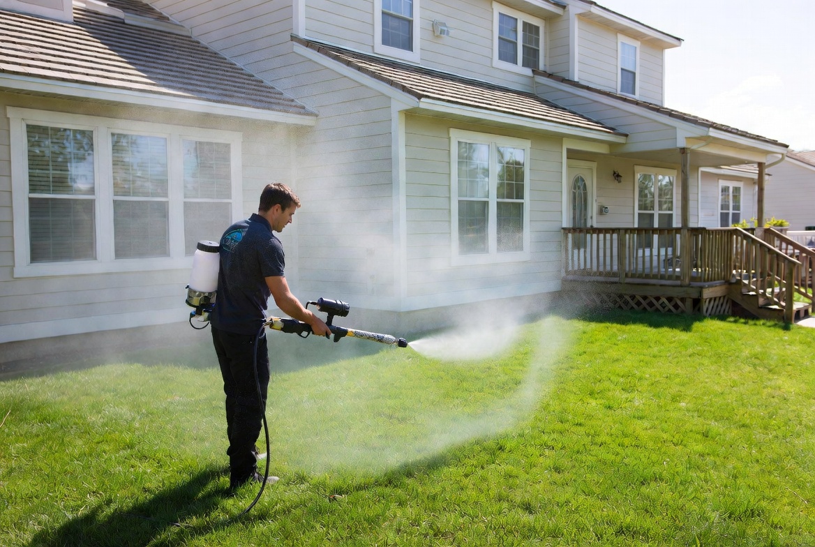 Technician applying perimeter pest control treatment around home lawn to create a protective barrier and prevent pests from entering