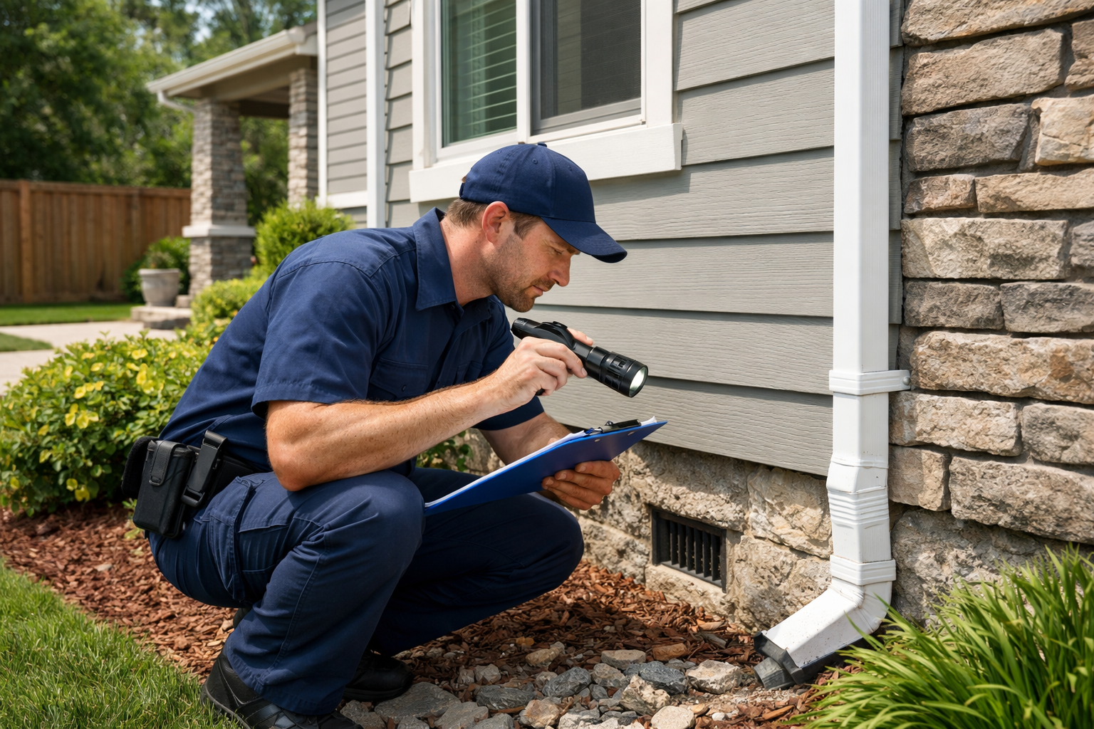 Pest inspection showing ants, rodent droppings, and damage near home foundation to identify entry points and pest problems