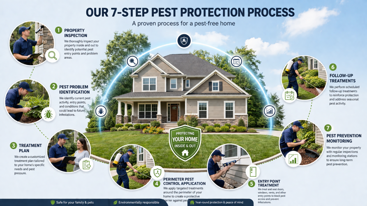 7-step pest protection process showing inspection, treatment, perimeter control, and monitoring to keep Oklahoma City homes pest free