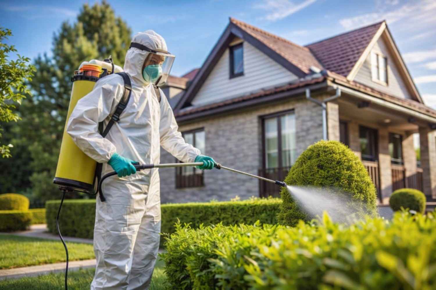 Pest control worker in protective suit spraying insecticide on residential garden hedge