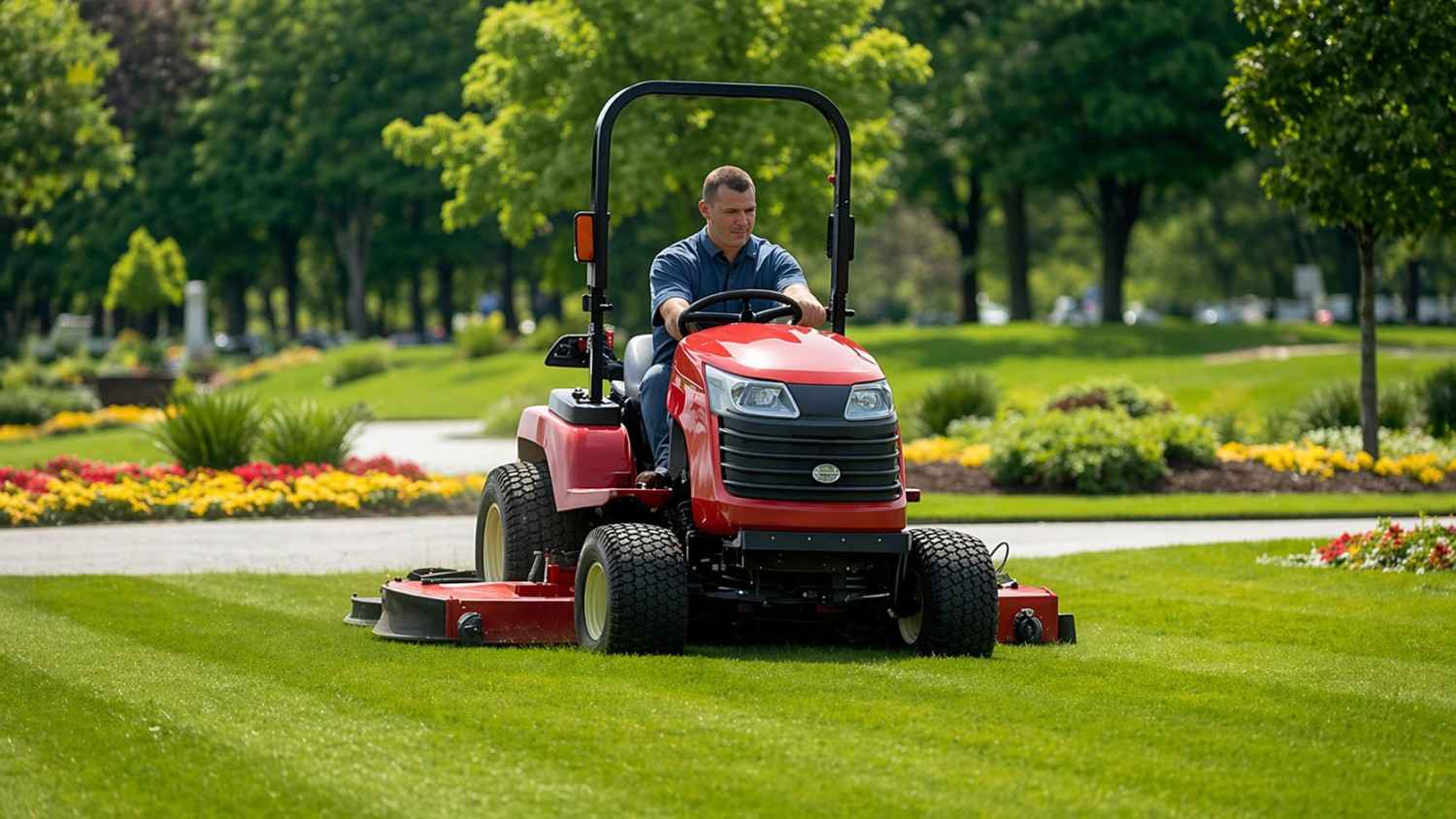 A lawn care professional rides a red commercial mower across a neatly maintained green lawn in a landscaped park-like setting in Oklahoma City.