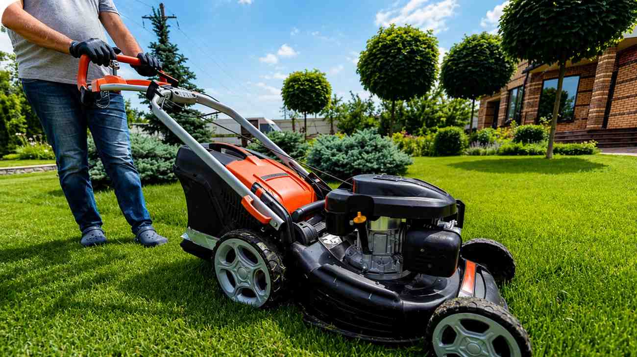A lawn care professional pushes a modern gas-powered lawn mower across a well-maintained green yard near a residential home, demonstrating the lawn mowing process.