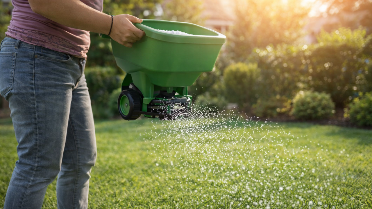 Person spreading lawn fertilizer with a broadcast spreader on green grass during sunset
