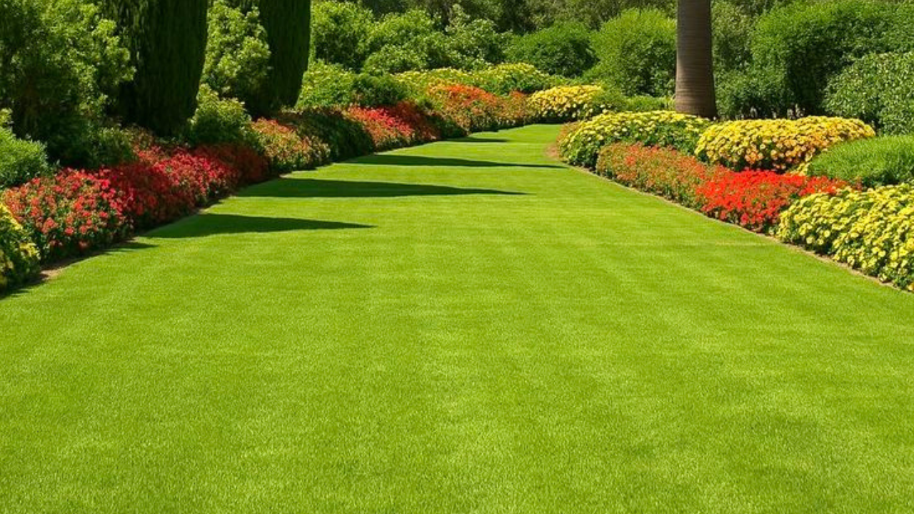 Beautiful green lawn with colorful flower beds and neatly trimmed landscape garden