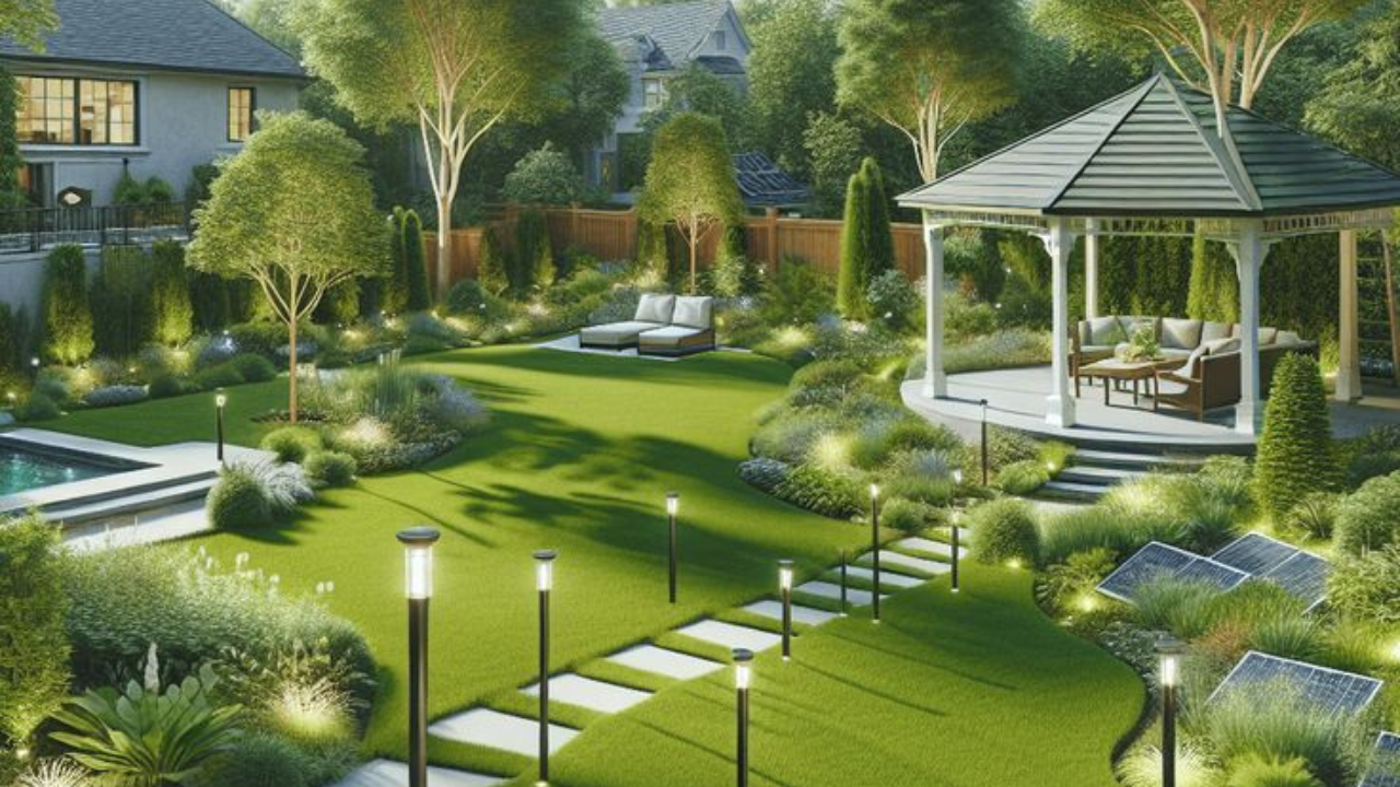 Luxury backyard landscape with gazebo, pathway lights, green lawn, and modern garden design