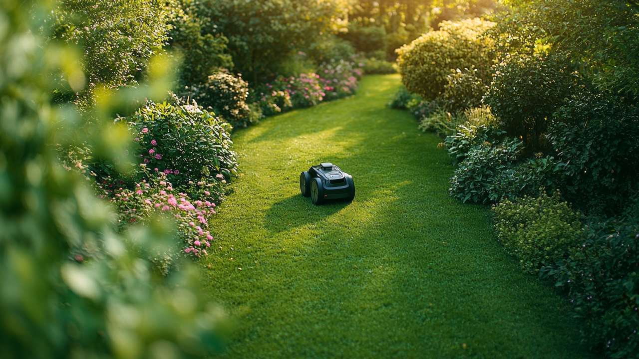 Robotic lawn mower maintaining green garden lawn in Edmond
