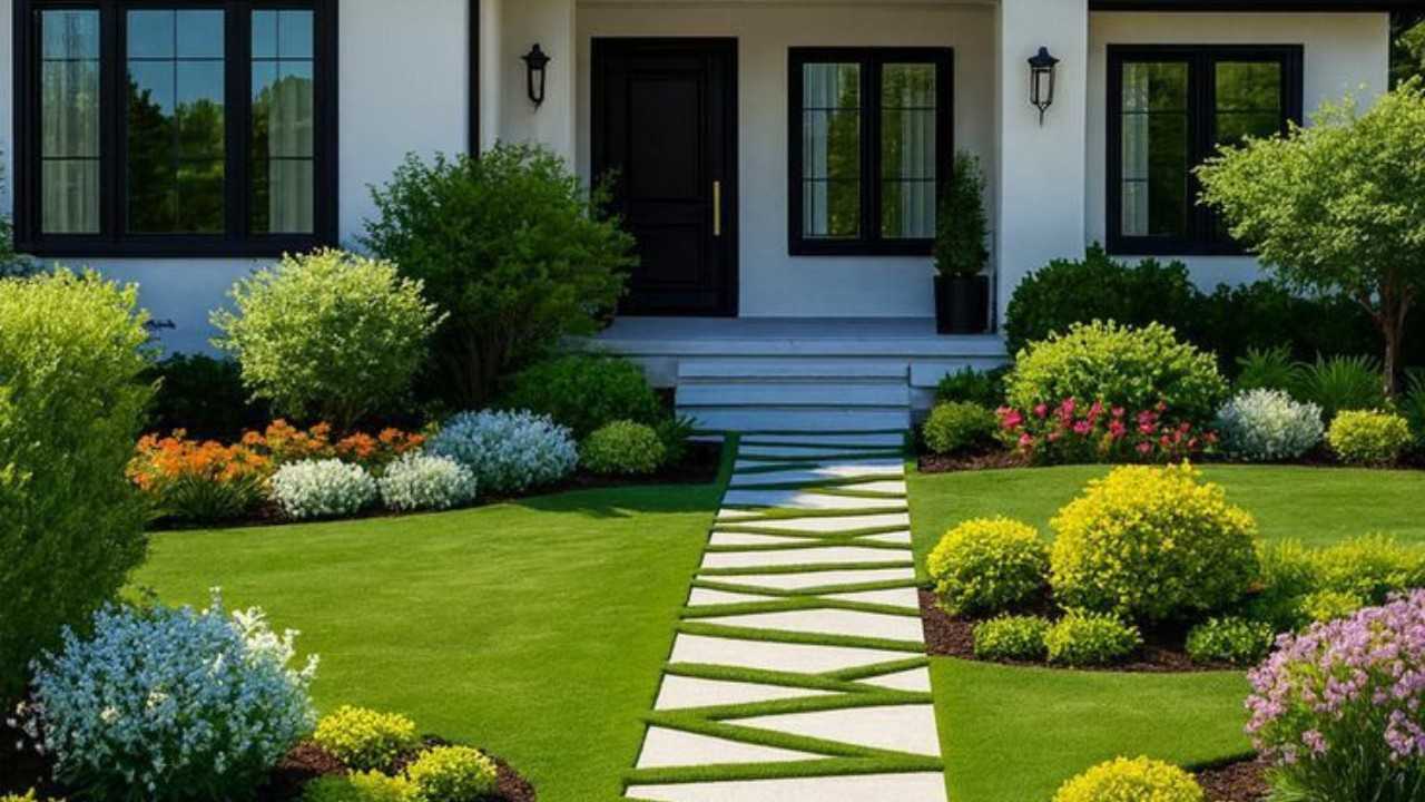 Beautiful front yard landscaping with green lawn, flower beds, and modern walkway leading to house entrance