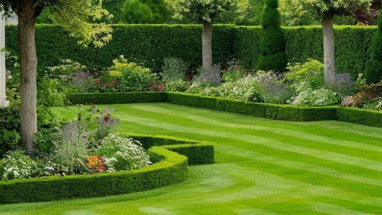 Beautiful landscaped garden with neatly trimmed hedges, green lawn, and decorative plants