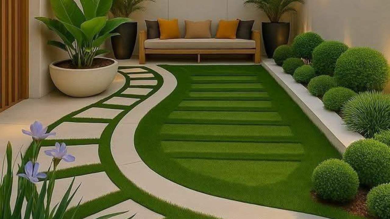 Modern garden design with artificial grass, curved pathway, potted plants, and decorative shrubs