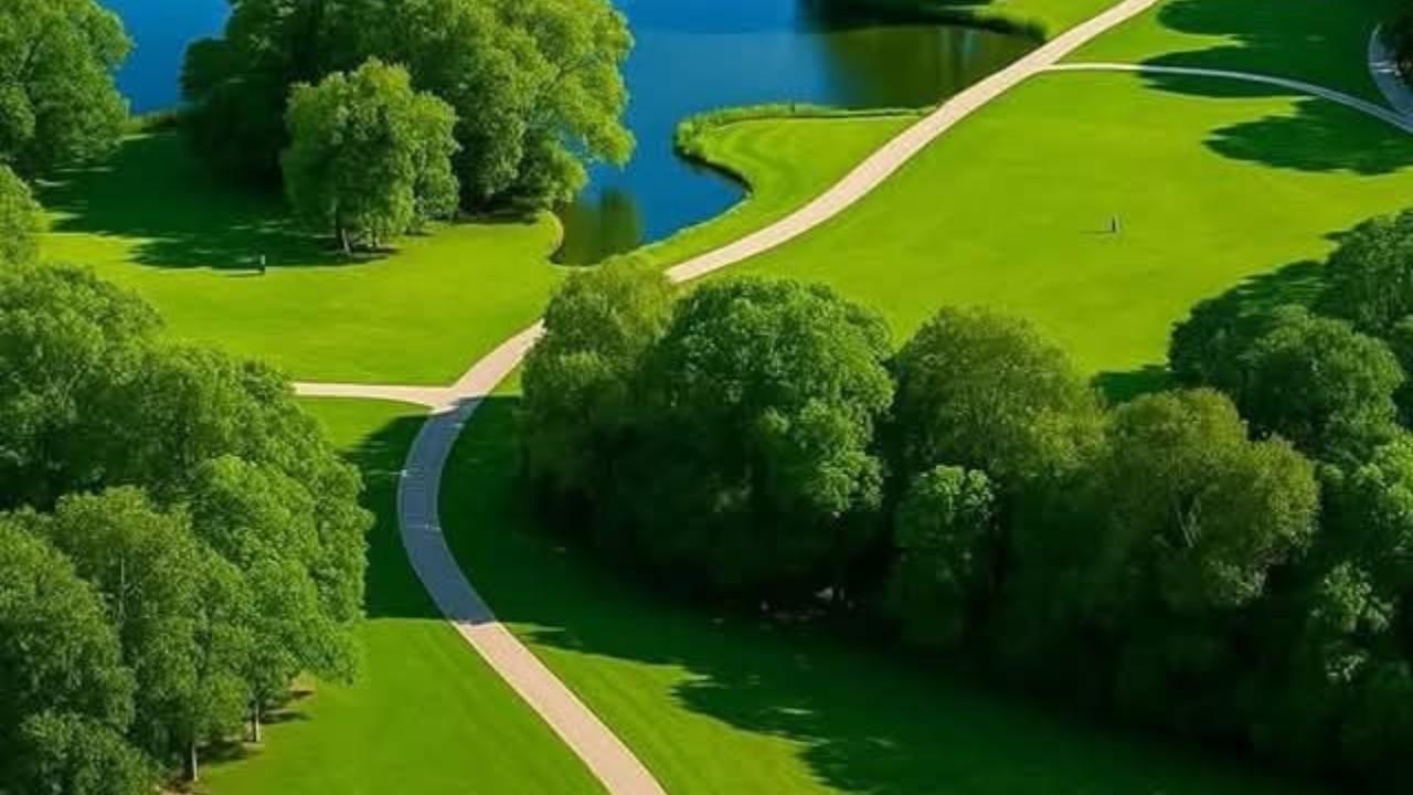 Scenic green landscape with winding pathway, trees, and lake in a well-maintained park