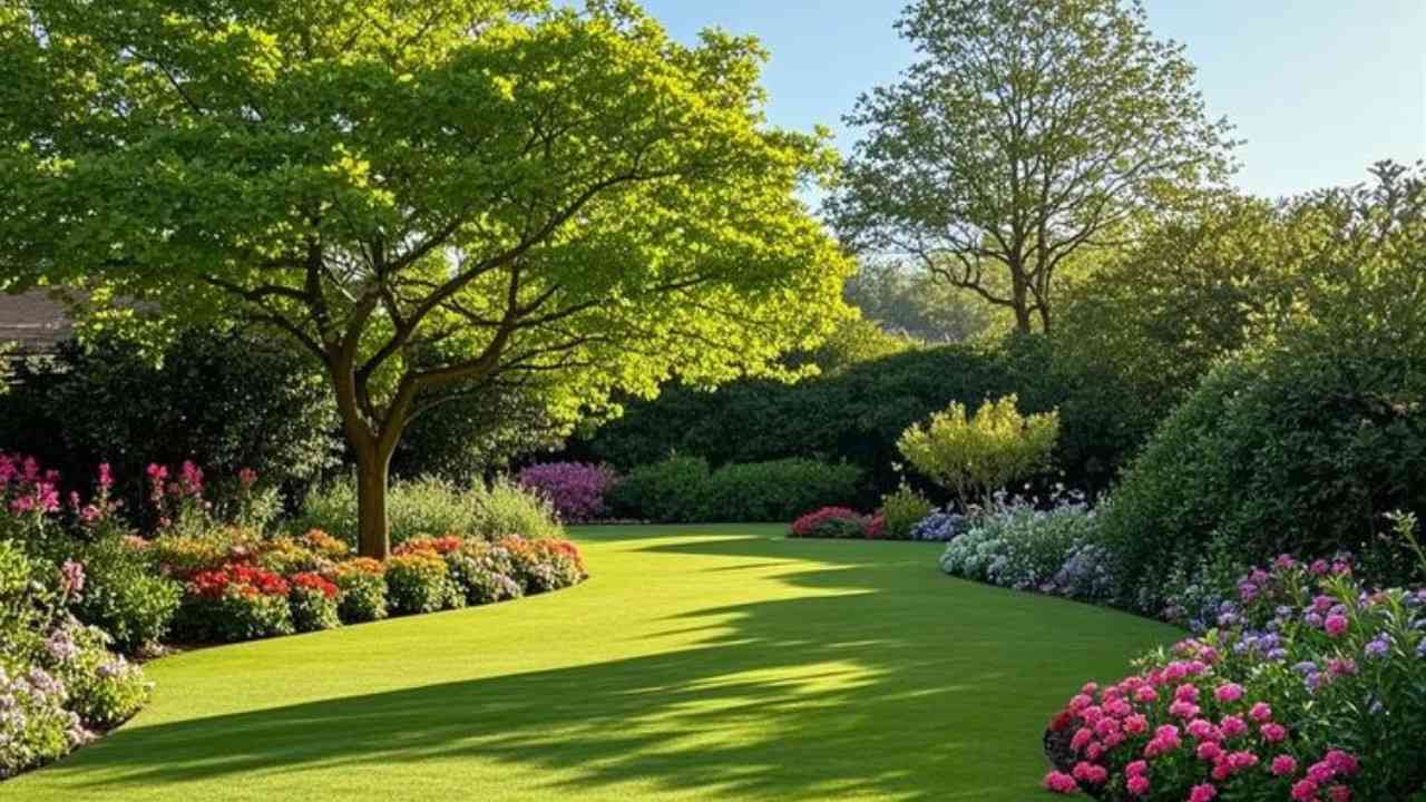 Beautiful landscaped lawn with healthy green grass and flowers in Edmond