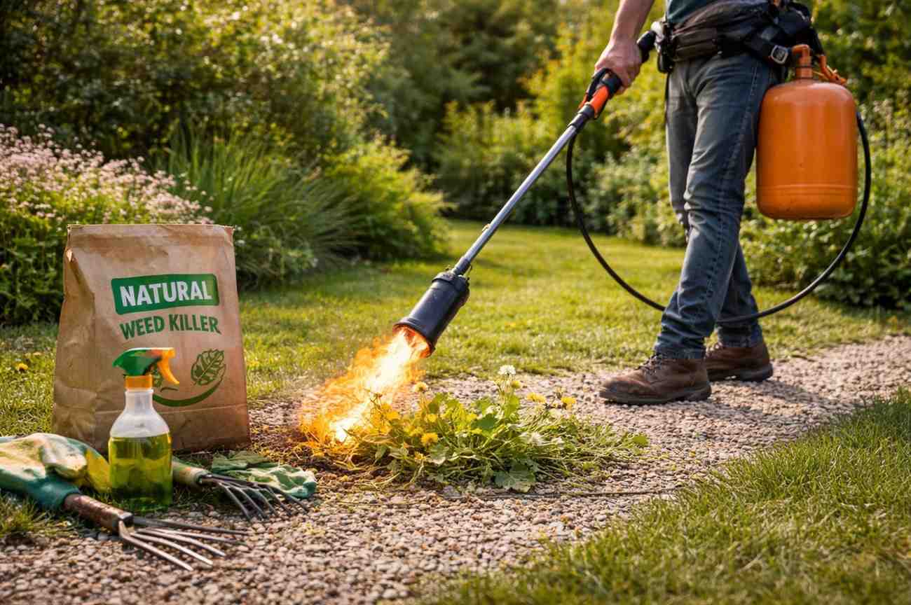 Gardener using flame weeder to remove weeds from garden pathway safely