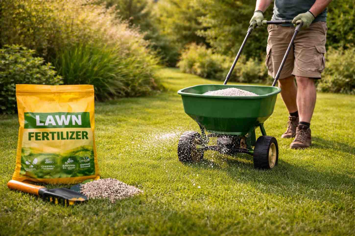 Gardener applying granular fertilizer on green lawn using spreader for healthy grass