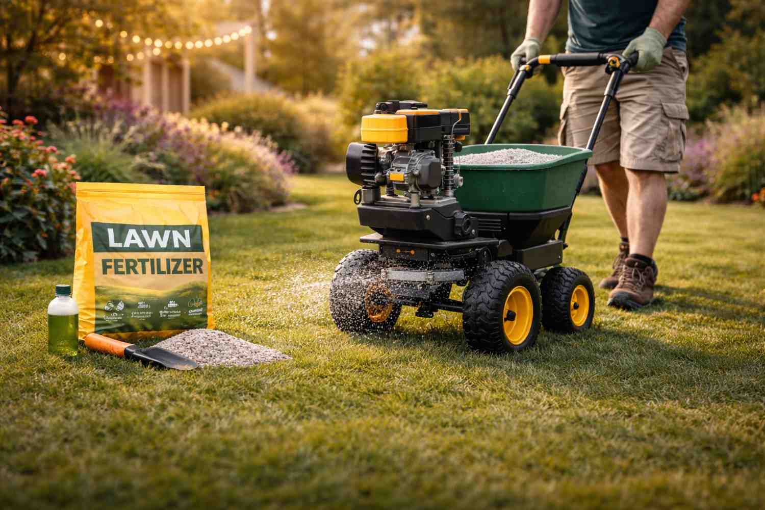 Spreading lawn fertilizer using broadcast spreader for strong and green grass