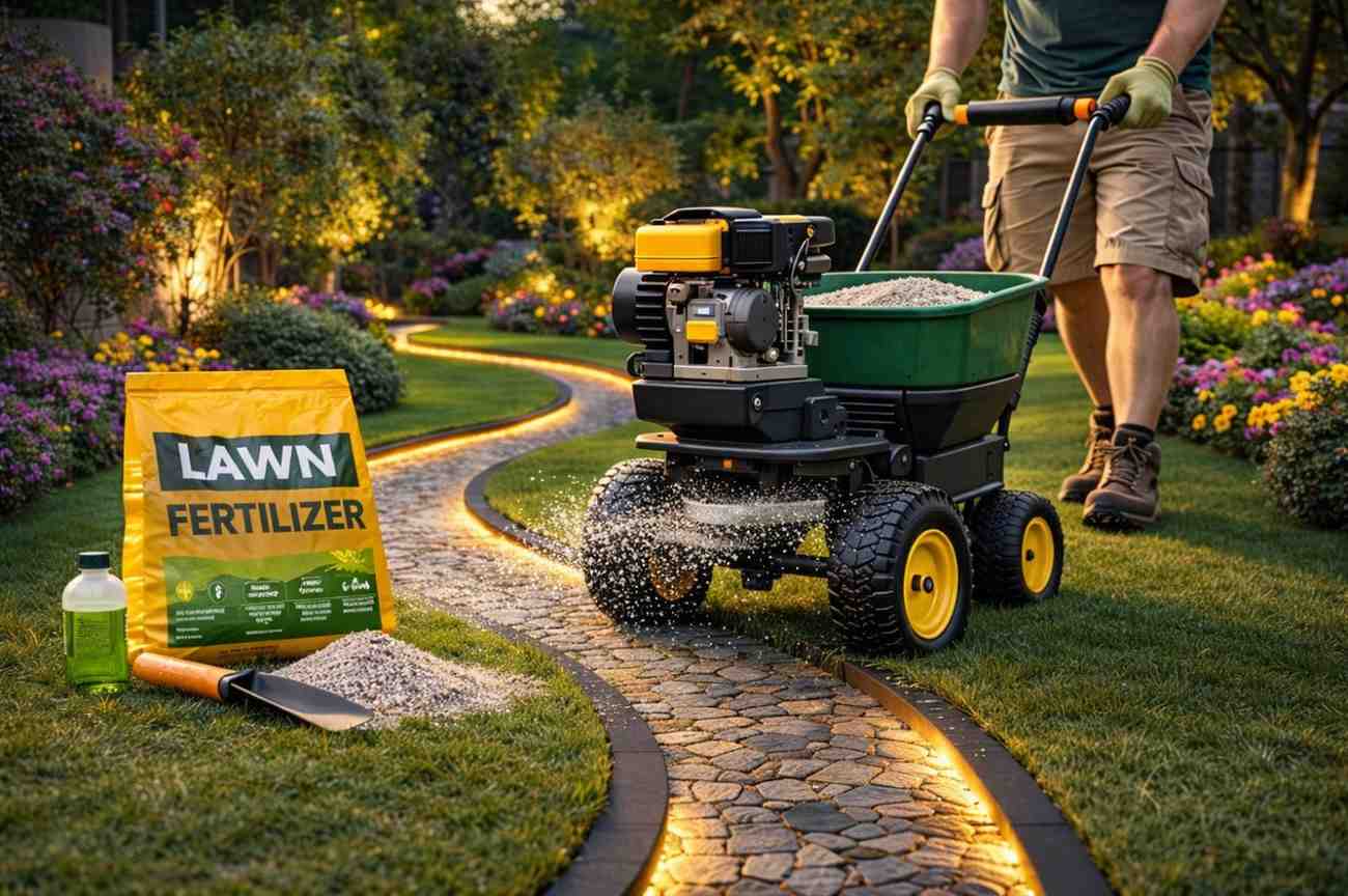 Gardener applying lawn fertilizer using spreader on illuminated garden pathway with modern landscape lighting