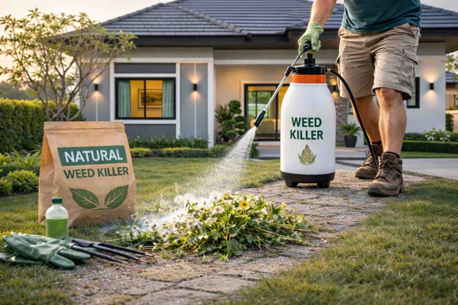 Gardener spraying weed control solution on dandelions along garden path near modern house