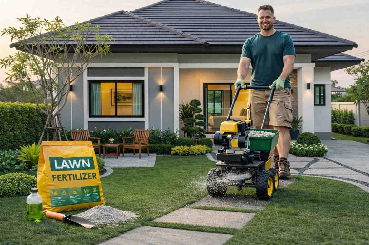 Gardener applying lawn fertilizer with spreader in front of modern home for healthy green grass