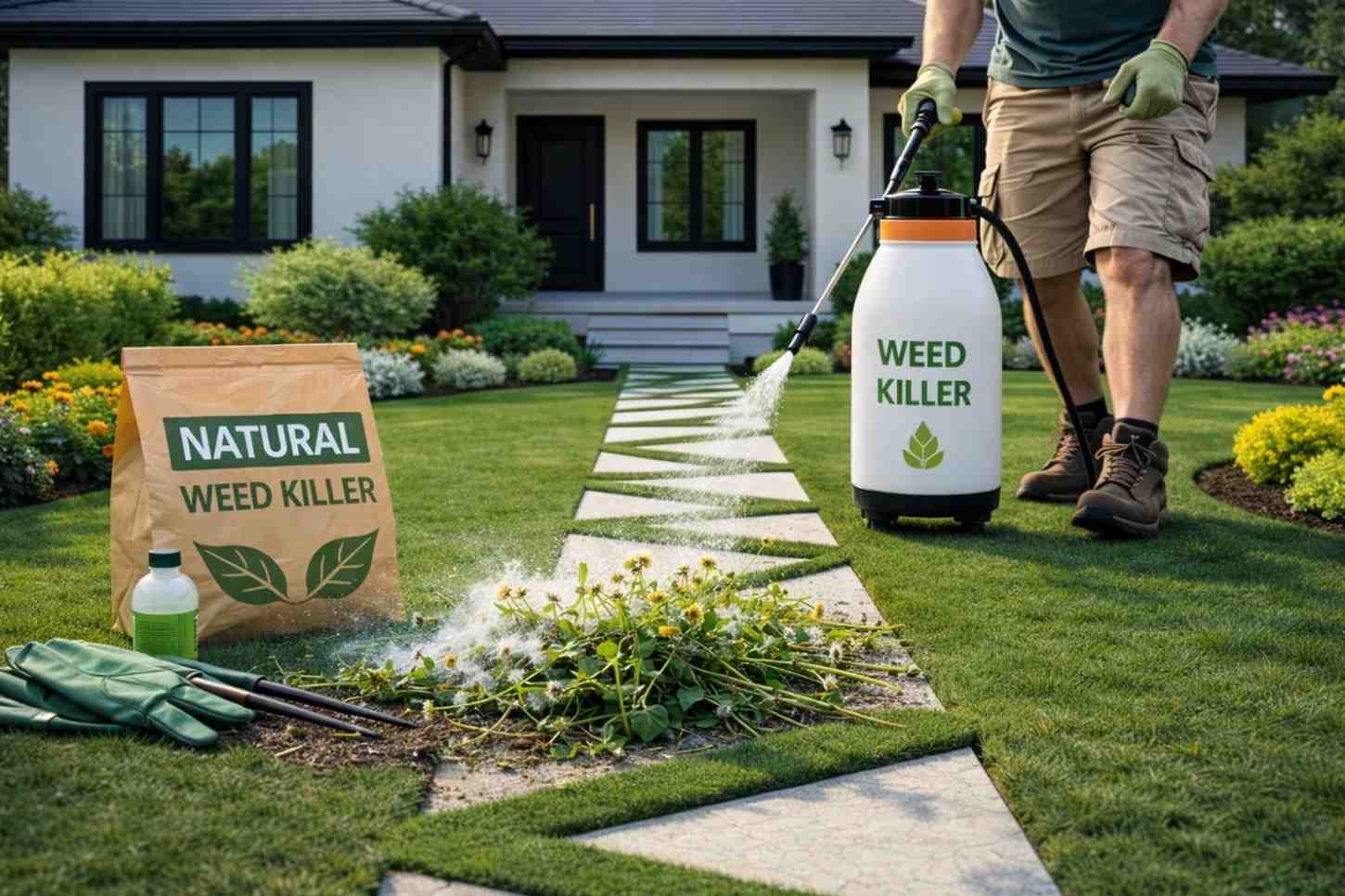 Applying weed control treatment on garden pathway near modern home landscape