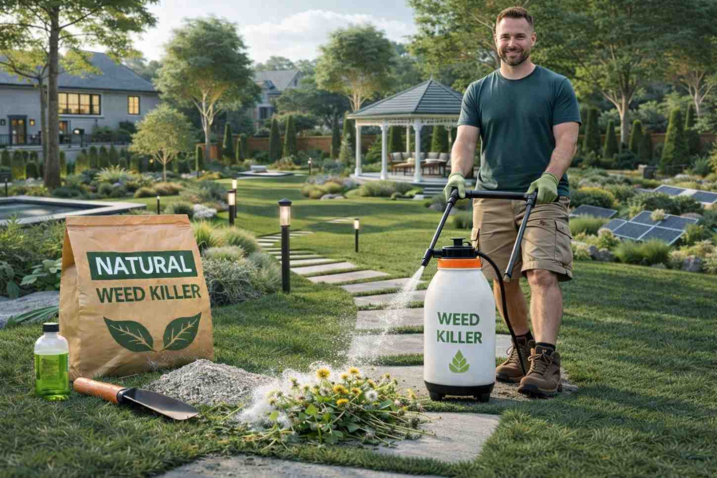Gardener spraying weed control solution on lawn pathway in landscaped garden