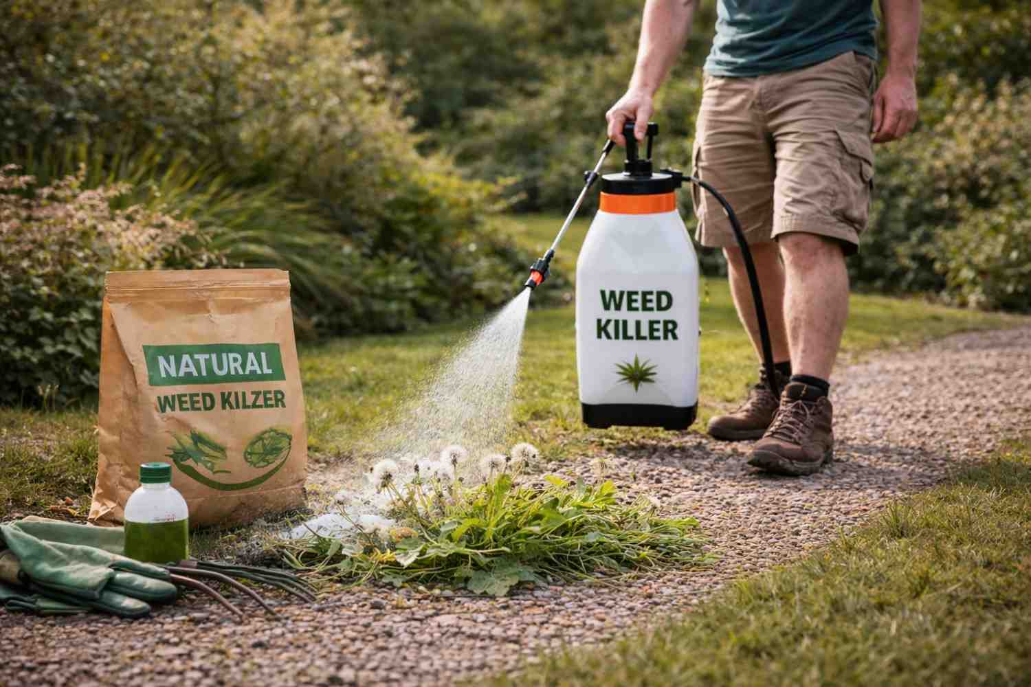Gardener removing weeds with tool from lawn to maintain healthy grass