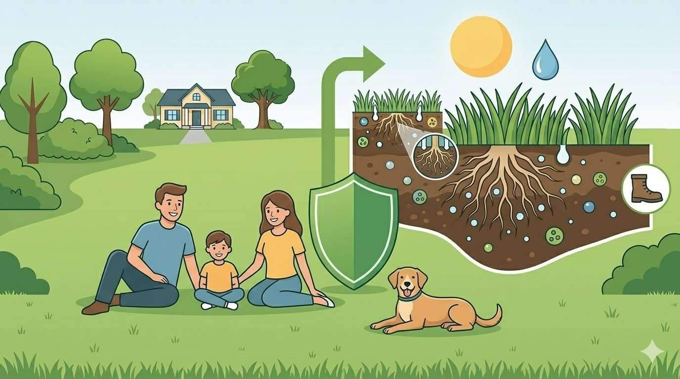 Illustration of a family sitting on a green lawn with their dog, alongside a cutaway view of soil showing grass roots absorbing water and nutrients.