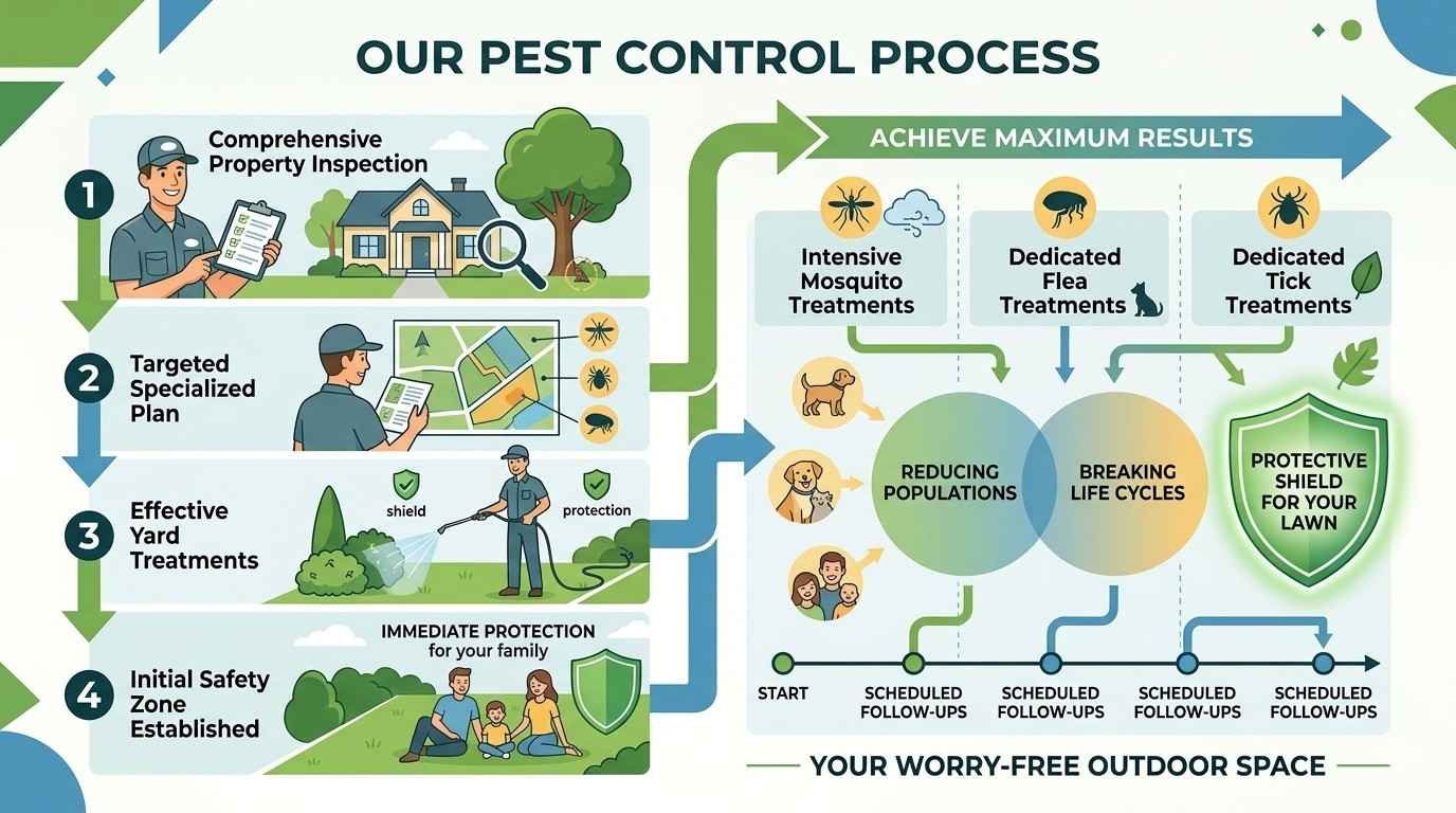 A 4-step infographic showing a pest control process: 1. Property Inspection, 2. Specialized Planning, 3. Yard Treatments, and 4.