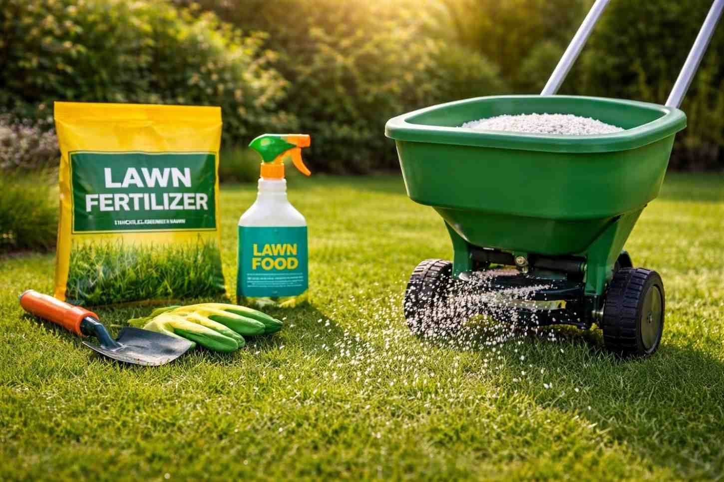 Person spreading granular fertilizer evenly on green lawn using a broadcast spreader