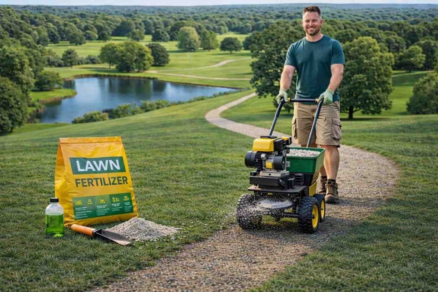 Gardener spreading lawn fertilizer with broadcast spreader on large green landscape with lake view