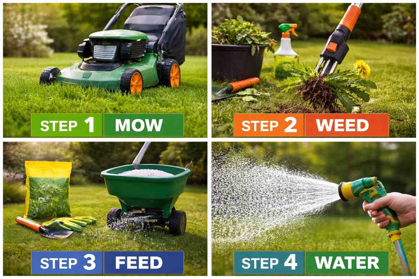 Lawn treatment process showing mowing, weed removal, fertilizing, and watering steps for healthy grass