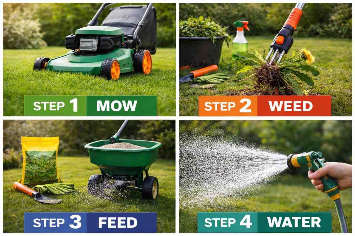 Step by step lawn care process showing mowing, weed removal, fertilizing, and watering