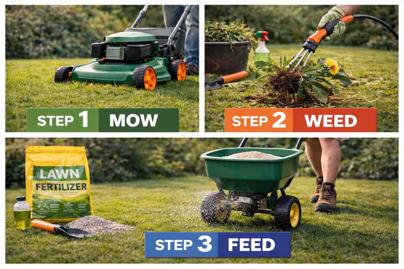 Lawn mower cutting green grass for regular lawn maintenance and healthy growth