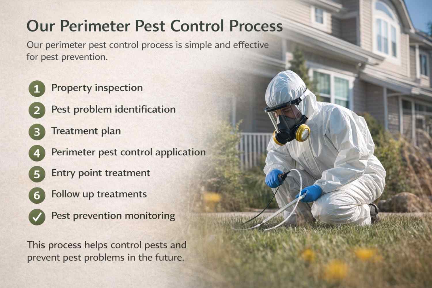 Perimeter pest control process showing inspection, treatment, and prevention steps