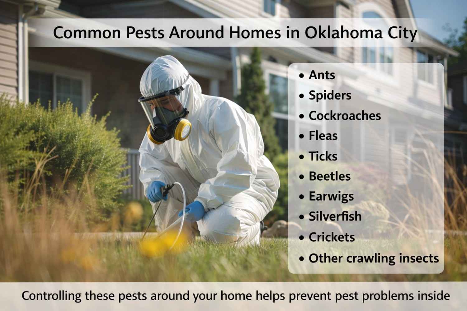 Pest control technician treating lawn for ants, spiders, and insects in Oklahoma City