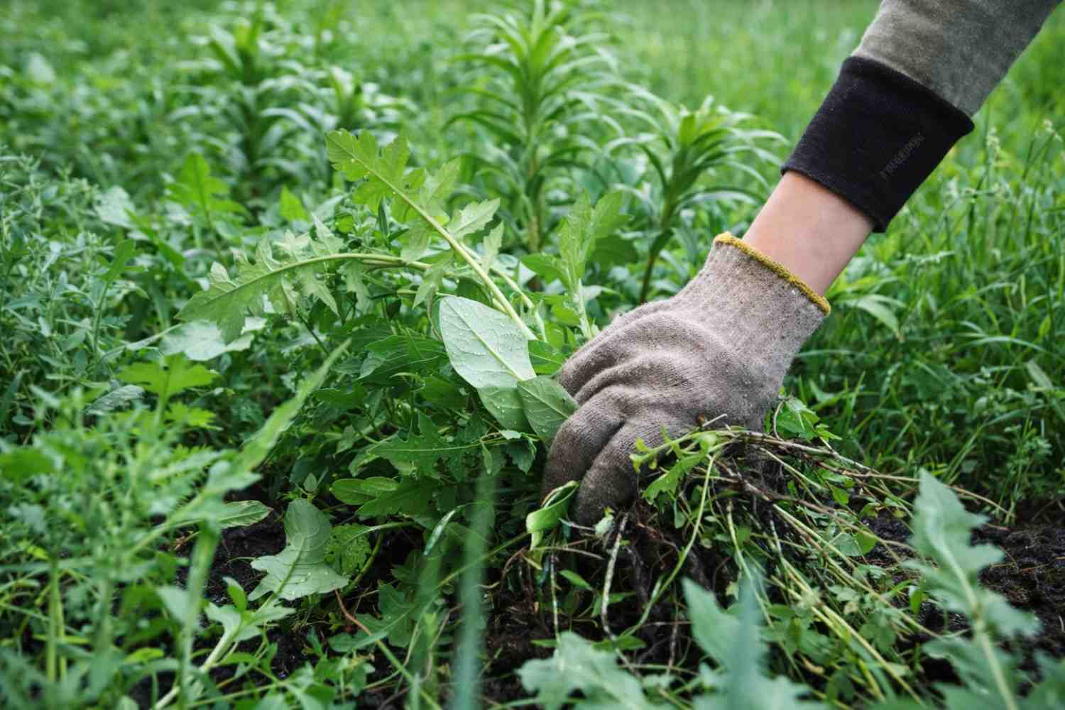 Gardener wearing gloves pulling weeds with roots from soil in a lush green garden