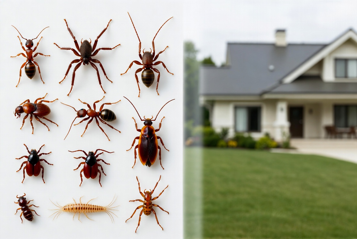 Perimeter pest control in Oklahoma City showing common outdoor pests near a residential home lawn and foundation to prevent pest entry