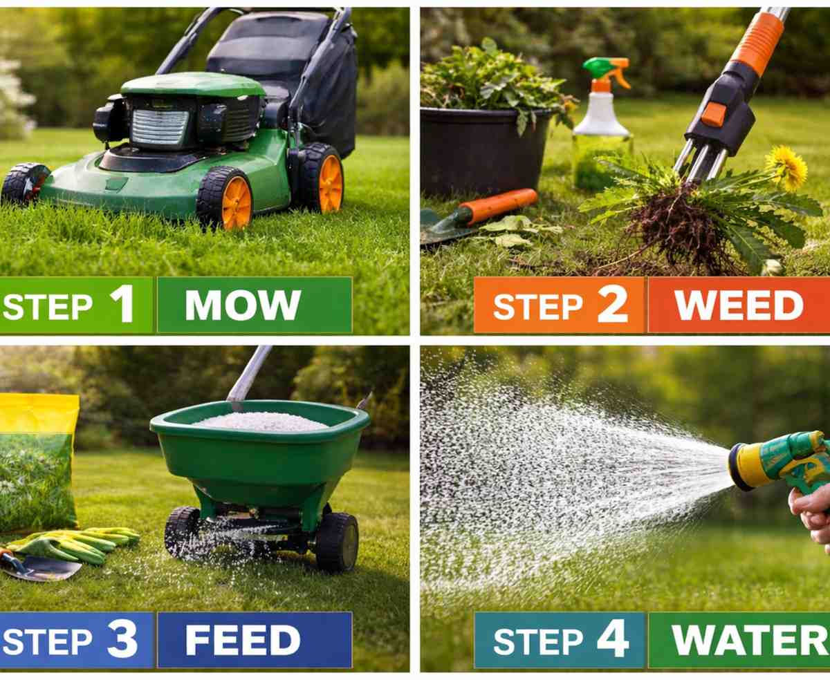 Step by step lawn care process showing mowing, weed removal, fertilizing, and watering