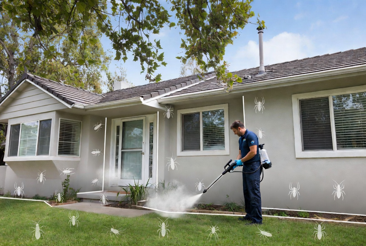 Technician applying exterior pest control treatment around home walls to eliminate insects and create a protective barrier