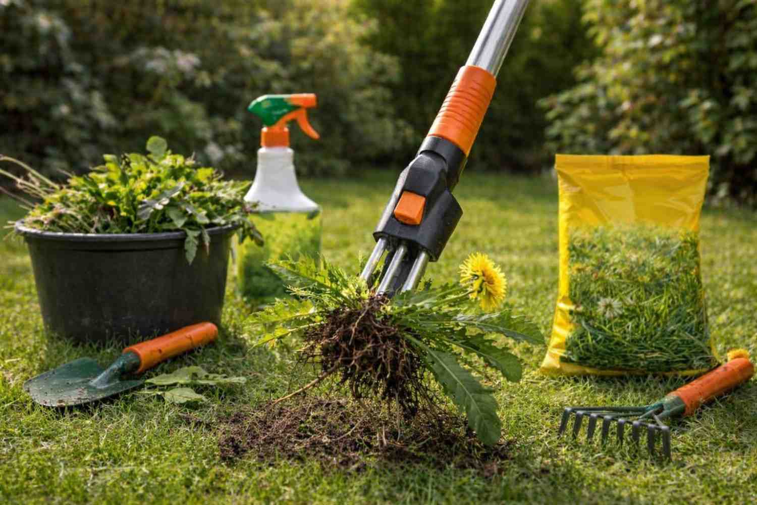 Gardener using manual weed puller tool to remove dandelion with roots from lawn