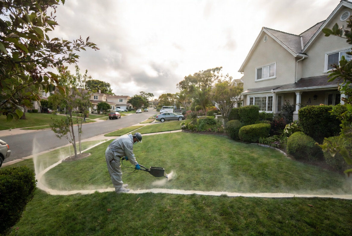 Pest control technician applying perimeter treatment around lawn edge to create a barrier and stop pests from entering the home