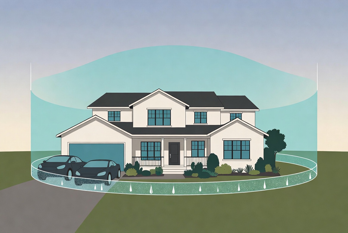 Illustration of perimeter pest control barrier around a home creating protective shield to prevent insects and pests from entering