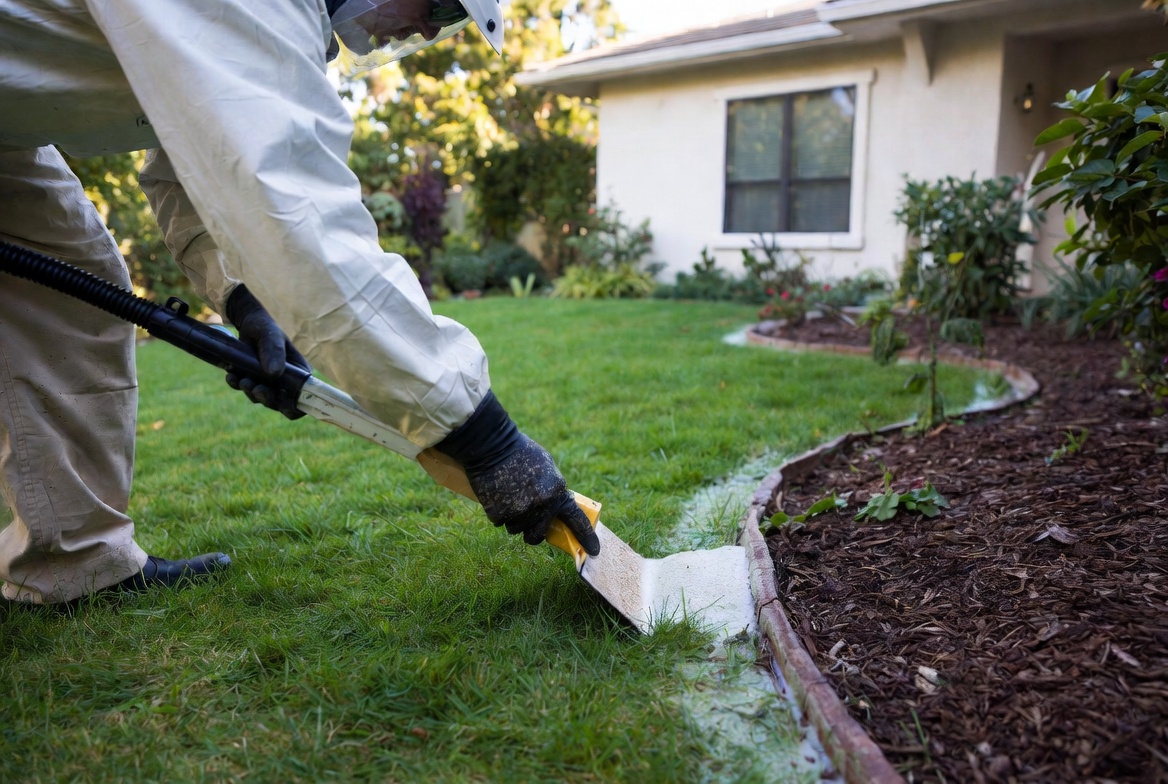 Perimeter pest control in Oklahoma City showing common outdoor pests near a residential home lawn and foundation to prevent pest entry