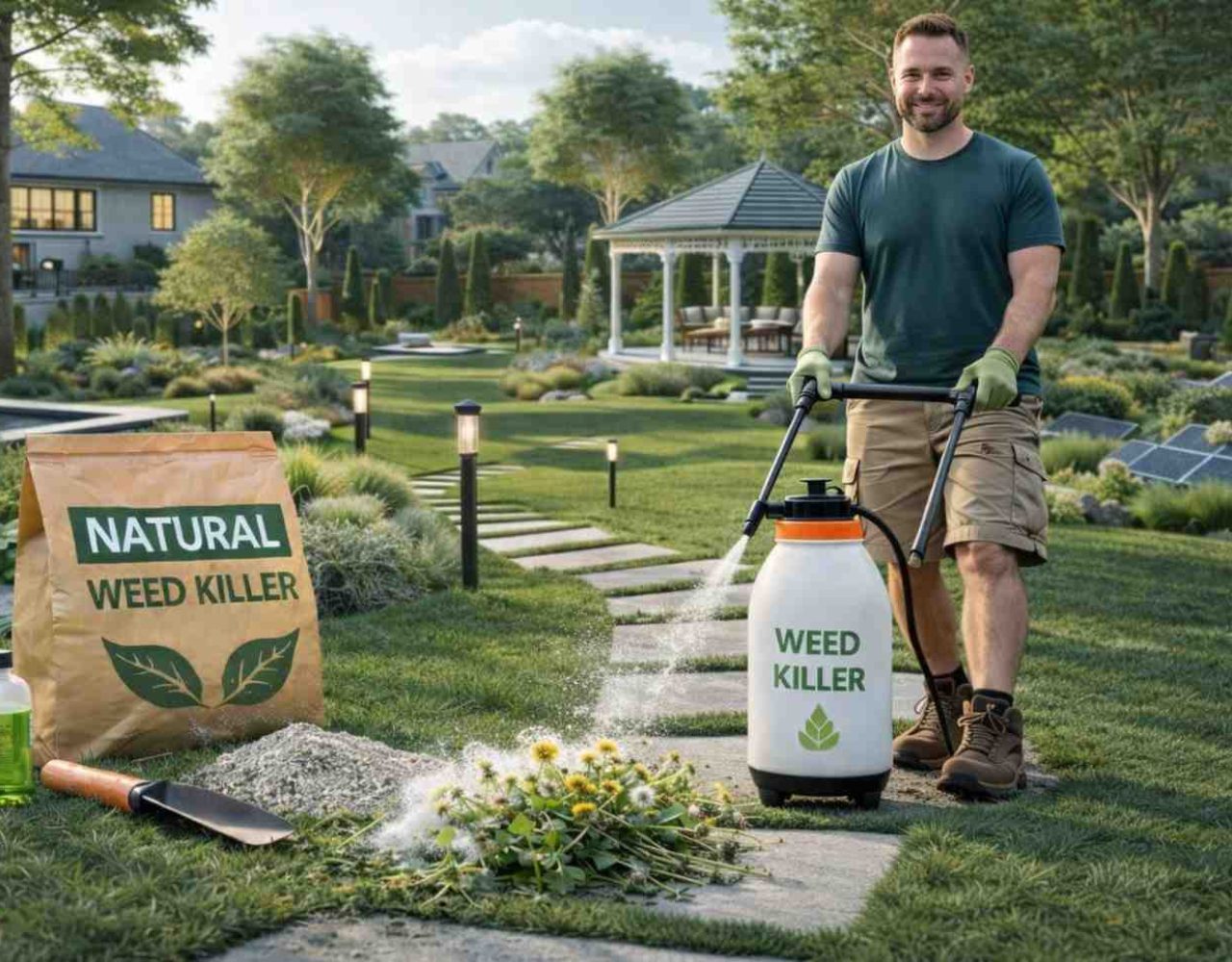 Gardener spraying weed control solution on lawn pathway in landscaped garden